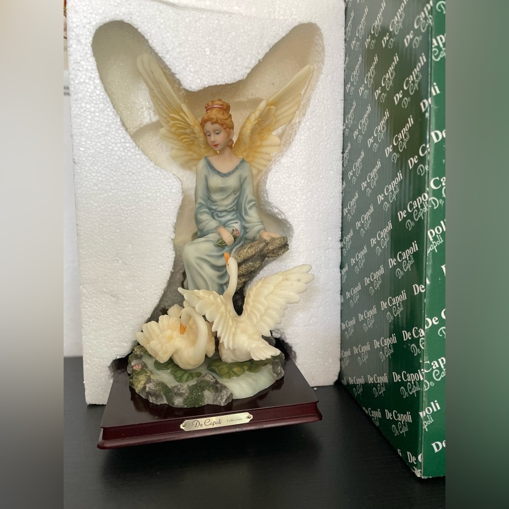 Vintage Large De Capoli Collection Angel in Blue Sitting by Pond Two White Swans